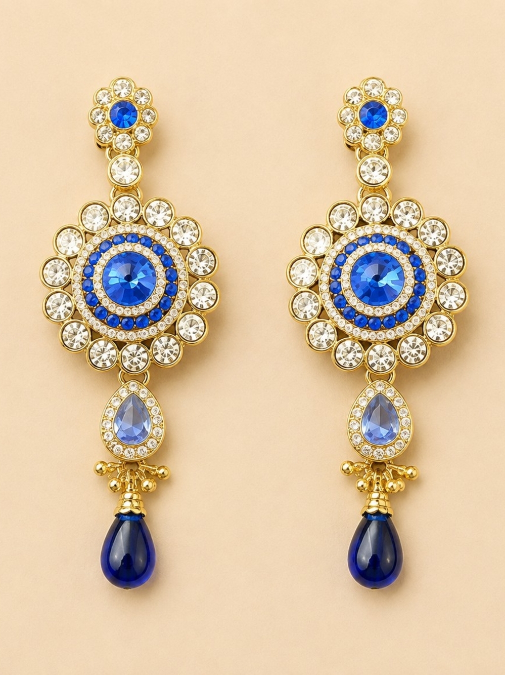Gold-Tone Blue Crystal Drop Earrings for Women